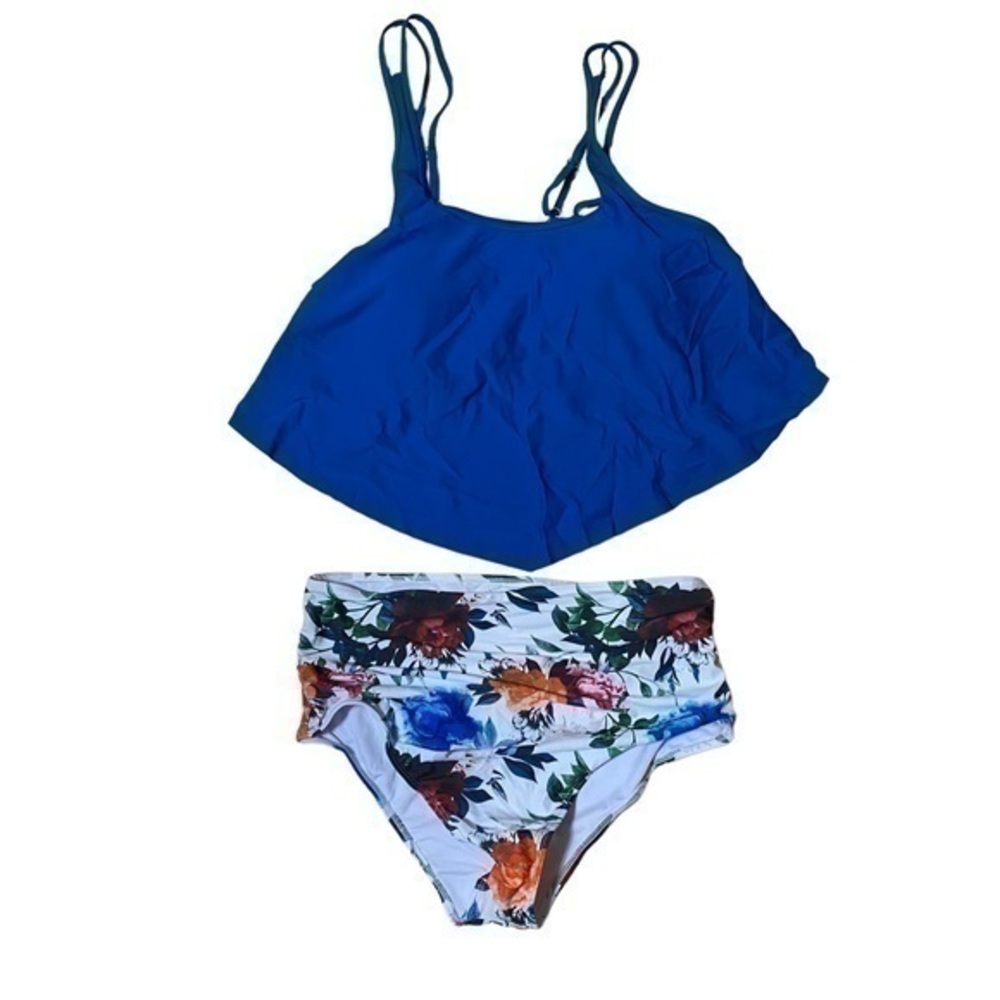 SouqFone Tummy Control Two Piece Swimsuit Blue with White Floral Bottom -Size L